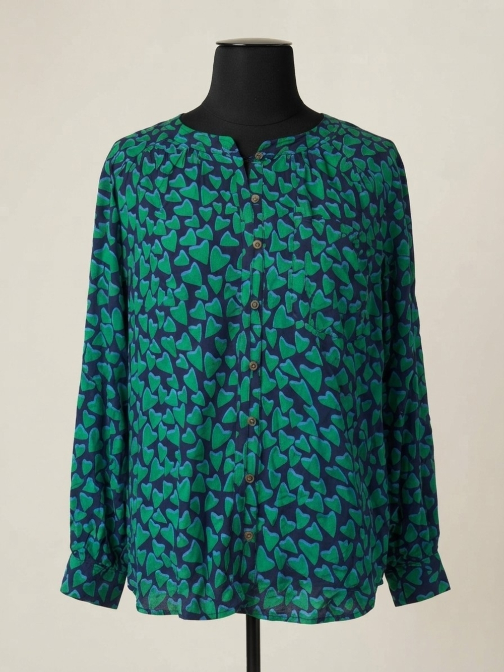 Conversations by Anthropologie Green Blue Heart Print Blouse Top Sz US 14 EU 46